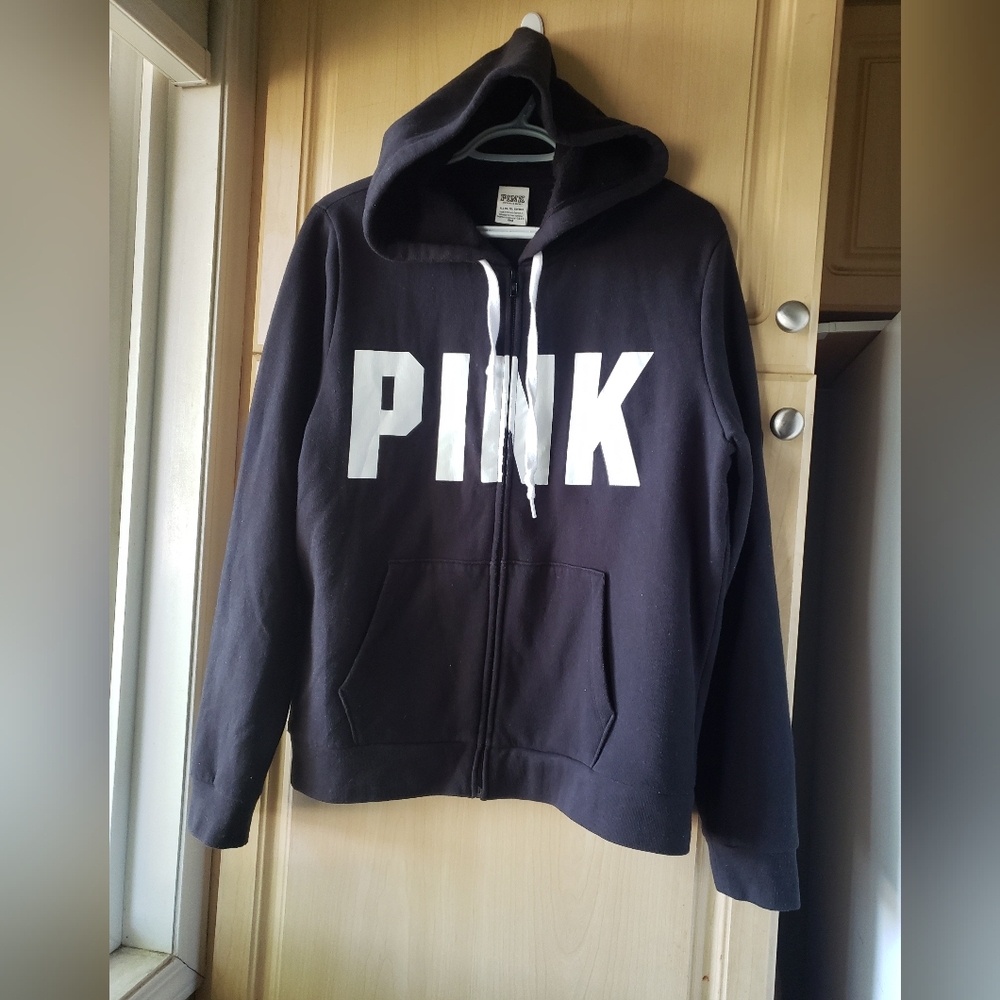 PINK Victoria's Secret Black Zip-Up Hoodie with White Logo